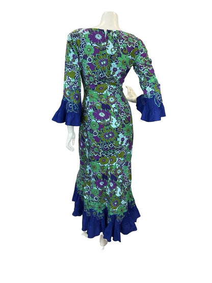 VTG BLUE GREEN PURPLE TRIPPY FLORAL PATTERN ANGEL SLEEVE MIDAXI DRESS 10 12