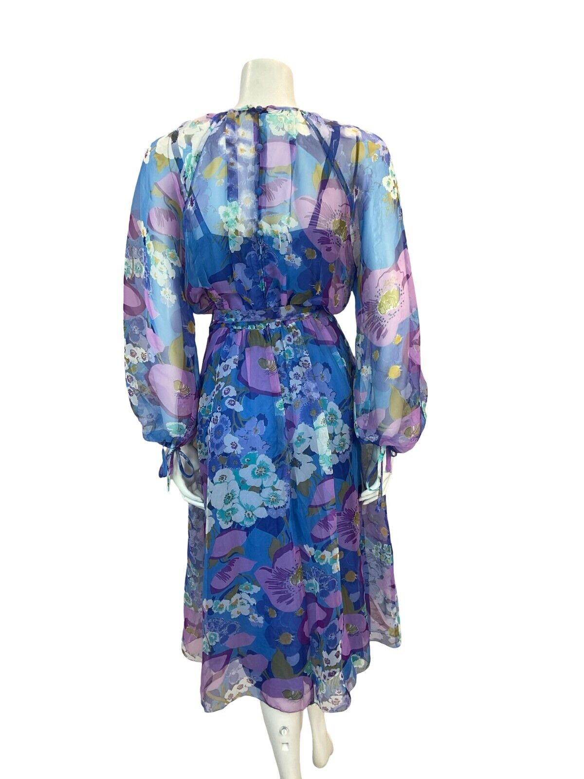 VTG 70S FLOATY SHEER CHIFFON FLORAL MIDI DRESS BLUE PURPLE WHITE 10 12