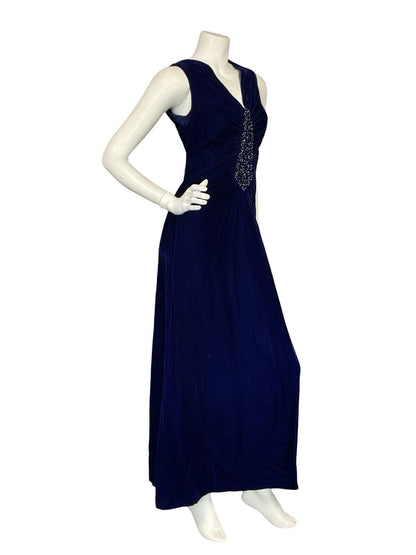 VTG 70S NAVY BLUE VELVET WHIMSIGOTH CELESTIAL BEADED EVENING MAXI DRESS S 8 10