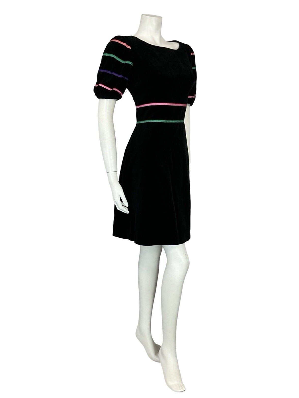 VTG 60S BLACK VELVET PUFF SEEVE PINK GREEN PURPLE RIBBON MINI PARTY DRESS 10