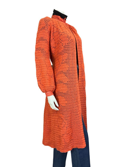 VTG 70S ORANGE HAND KNITTED FLORAL BOHO CARDIGAN TIE NECK BISHOP SLEEVE 10 12 14