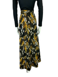 VTG 70S BLACK SILVER YELLOW FOLIAGE BOHO HIPPY FLORAL GLITTERY MAXI SKIRT 10