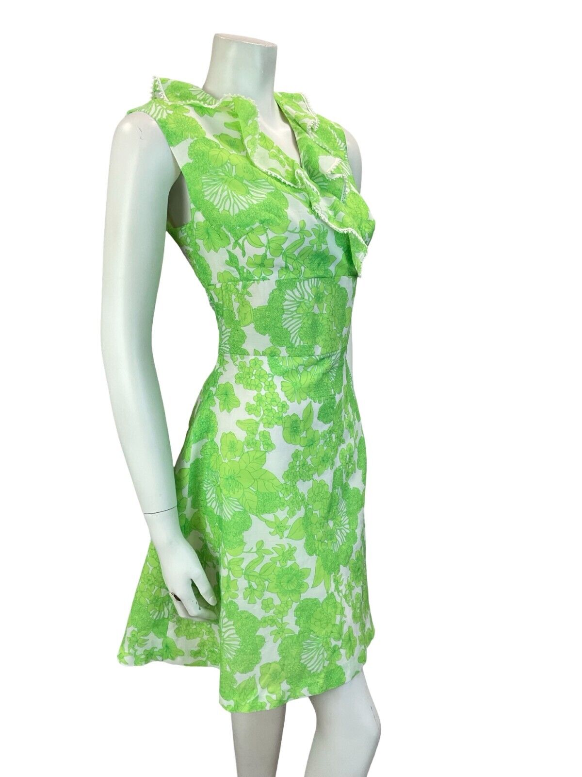 VTG 60S 70S FLORAL WRAP RUFFLE MOD MINI DRESS GREEN WHITE 10