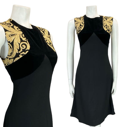 VTG 60S MOD BLACK WOOL GOLD BROCADE SLEEVELESS VELVET EVENING DRESS 10