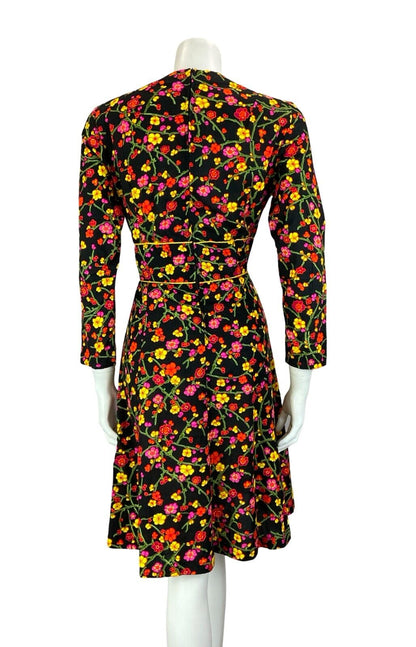 VTG 70S PSYCHDELIC CHERRY BLOSSOM BLACK YELLOW PIINK V NECK LONG SLEEVE DRESS 10