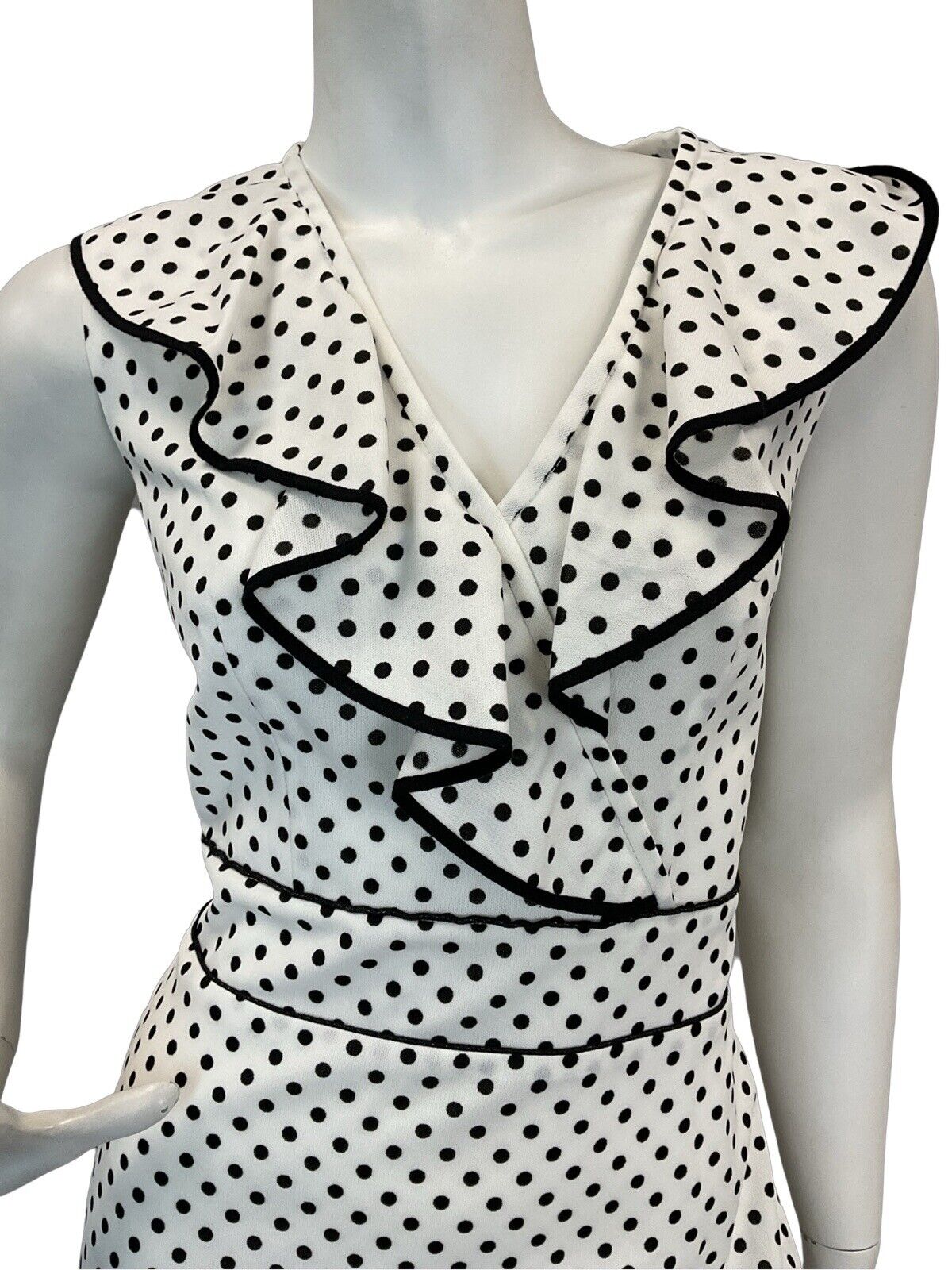 VTG 60s 70s WHITE BLACK POLKA DOT RUFFLE V-NECK MAXI DRESS 10