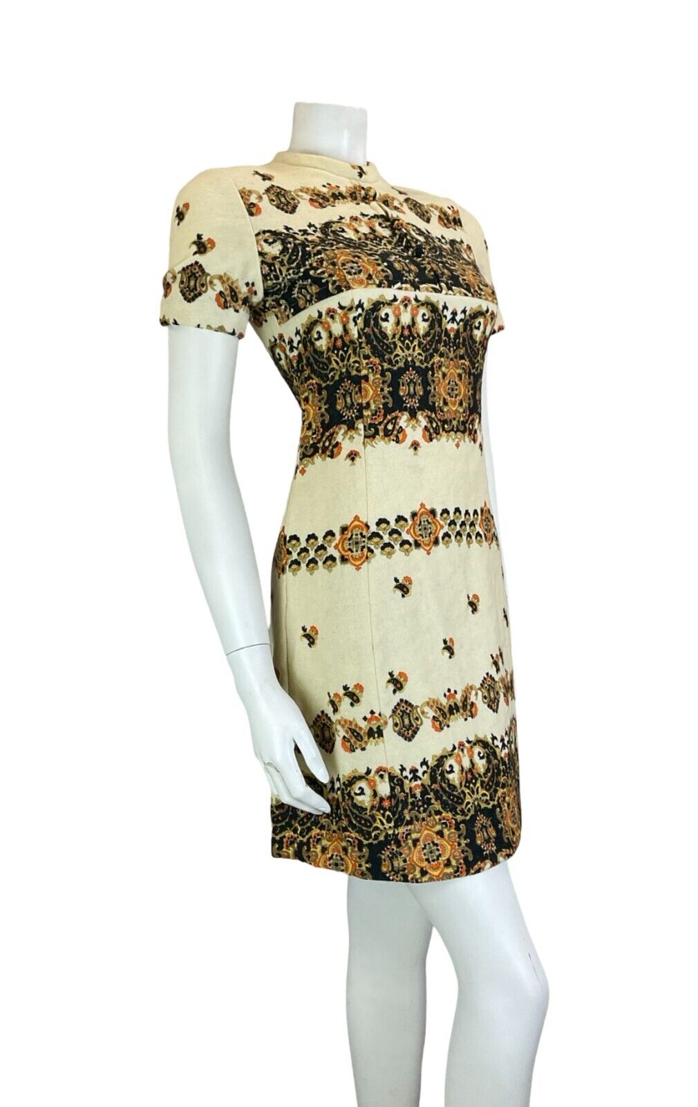 VTG 60S PAISLEY HIPPY MOD CREAM BLACK ORANGE WOOL SHORT SLEEVE SHIFT DRESS SIZE6