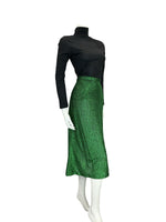 VTG 70S EMERALD GREEN GLITTERY LUREX MIDI SKIRT WITH SLIT SIZE 14