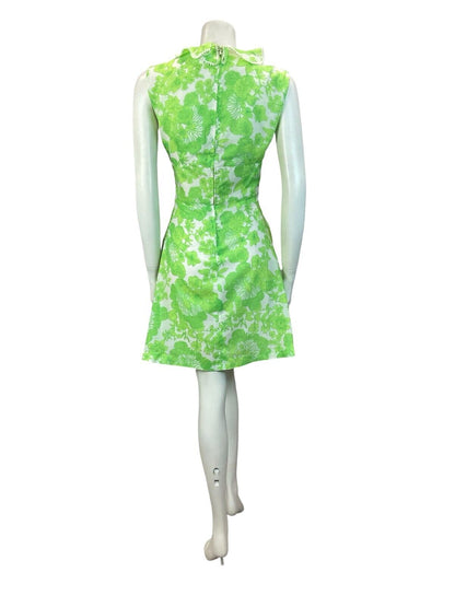 VTG 60S 70S FLORAL WRAP RUFFLE MOD MINI DRESS GREEN WHITE 10