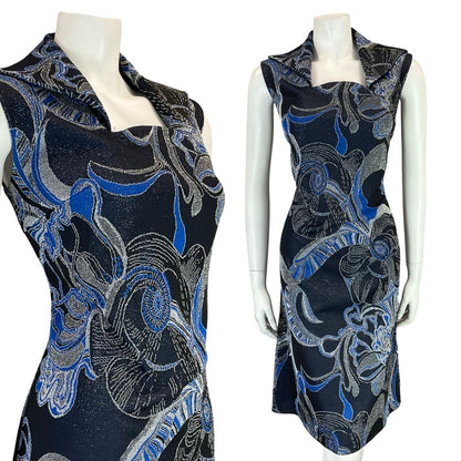 VTG 60S 70S NAVY SILVER BLUE WING NECK LUREX PSYCHDELIC FLORAL DRESS 12 14