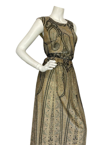 VTG 60S 70S CREAM GOLD BLACK PAISLEY BOHO HIPPY EVENING PARTY MAXI DRESS 12