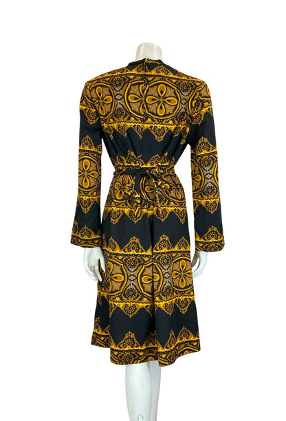 VTG 70S BLACK BROWN YELLOW BOHO LONG SLEEVE ROUNDED NECK GEOMETRIC DRESS SIZE 16