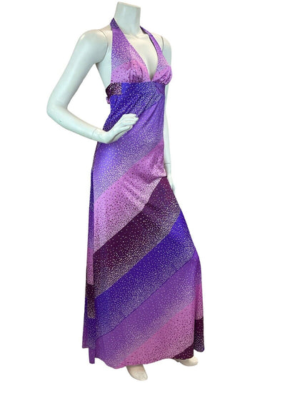 VTG 70S SUMMER SUN PINK PURPLE HALTER DISCO PARTY DRESS MAXI DRESS 8 10 12