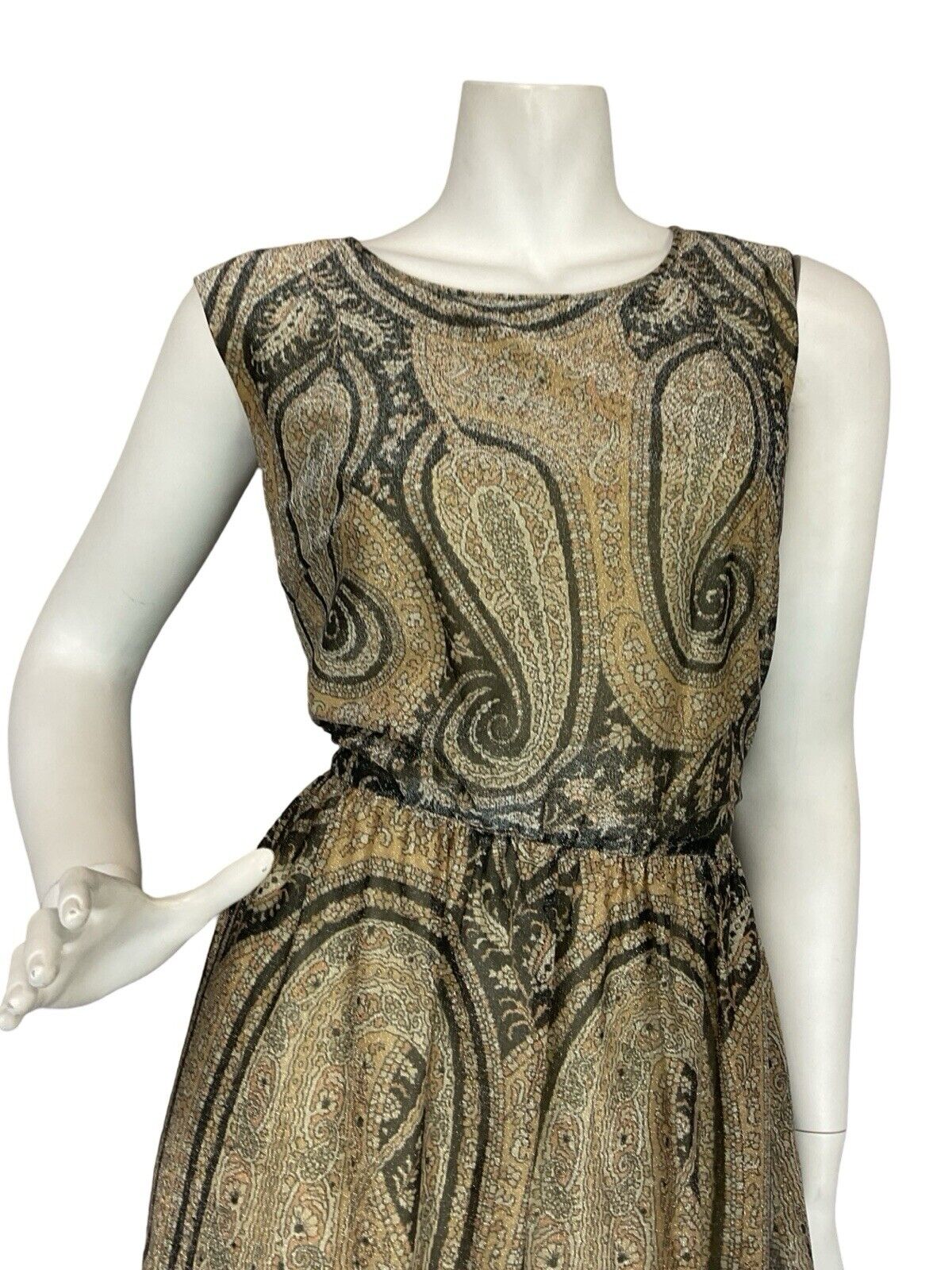 VTG 60S 70S CREAM GOLD BLACK PAISLEY BOHO HIPPY EVENING PARTY MAXI DRESS 12