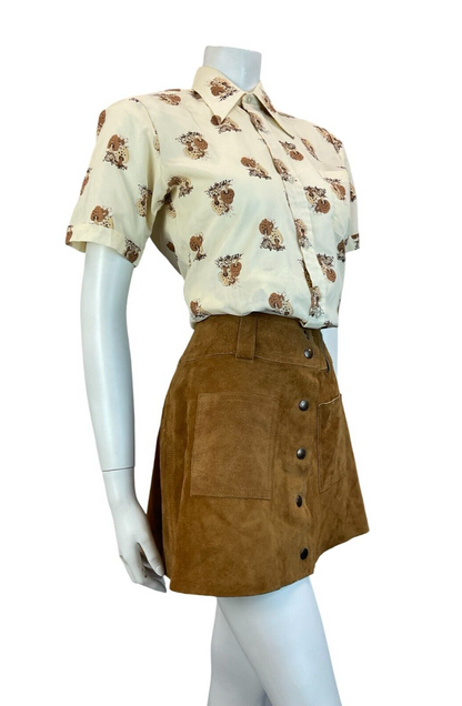 VTG CREAM BROWN WOODLAND MUSHROOM SHORT SLEEVE DAGGER COLLAR SHIRT 10