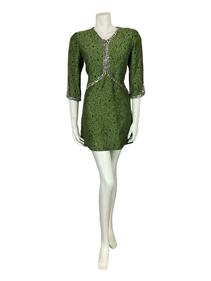 VTG 60S V NECK HALF SLEEVE GREEN SILVER SEQUIN  LUREX PARTY MINI DRESS 10