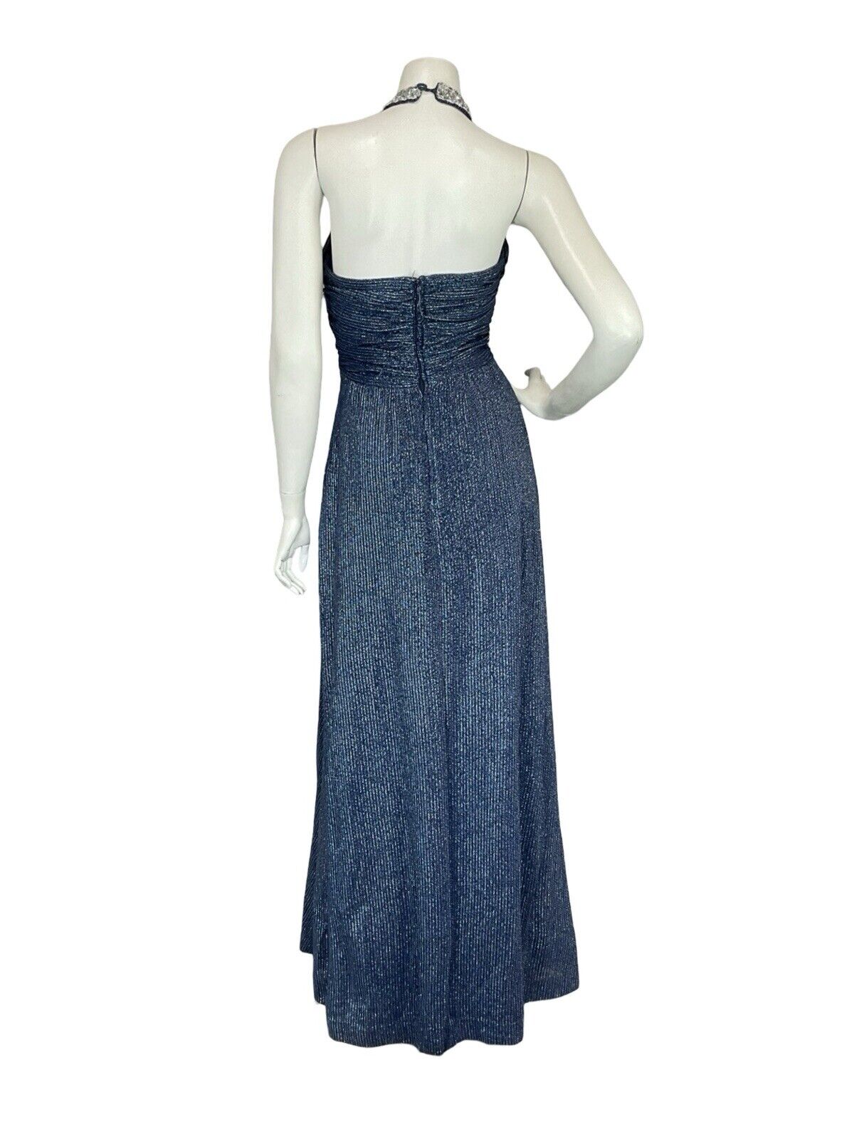 VTG 70S STUDIO 54  BLUE SILVER SEQUIN TRIM STRIPED HALTER NECK MAXI DRESS 8 10 S