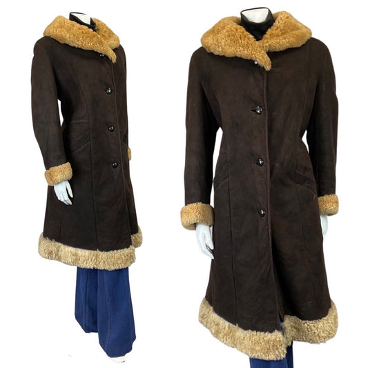 VINTAGE 60s 70s DARK BROWN CREAM SUEDE LEATHER SHEARLING PRINCESS COAT 12 14