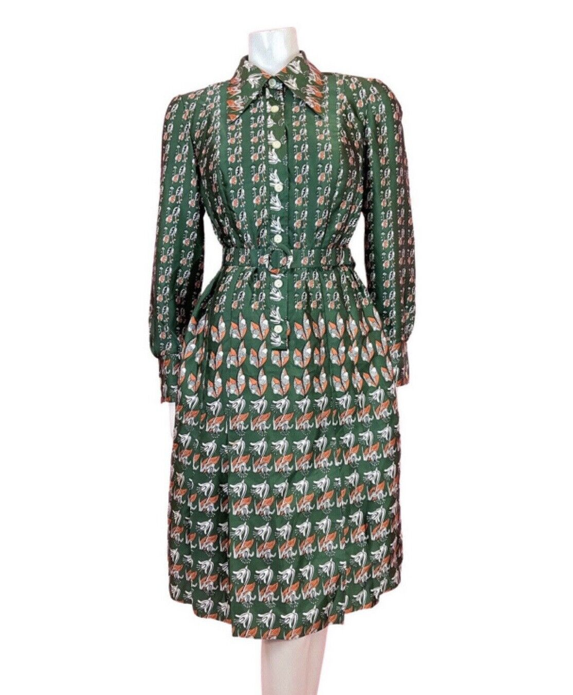 VINTAGE 60s 70s GREEN ORANGE WHITE FLORAL PSYCHEDELIC DAGGER SHIRT DRESS 14 16