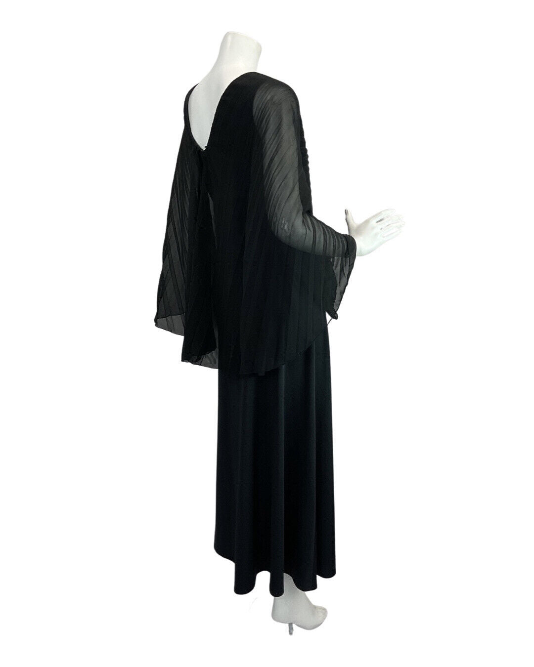 VINTAGE 60s 70s BLACK PLEATED CAPE SLEEVE EVENING ELEGANT GOWN MAXI DRESS 10 12