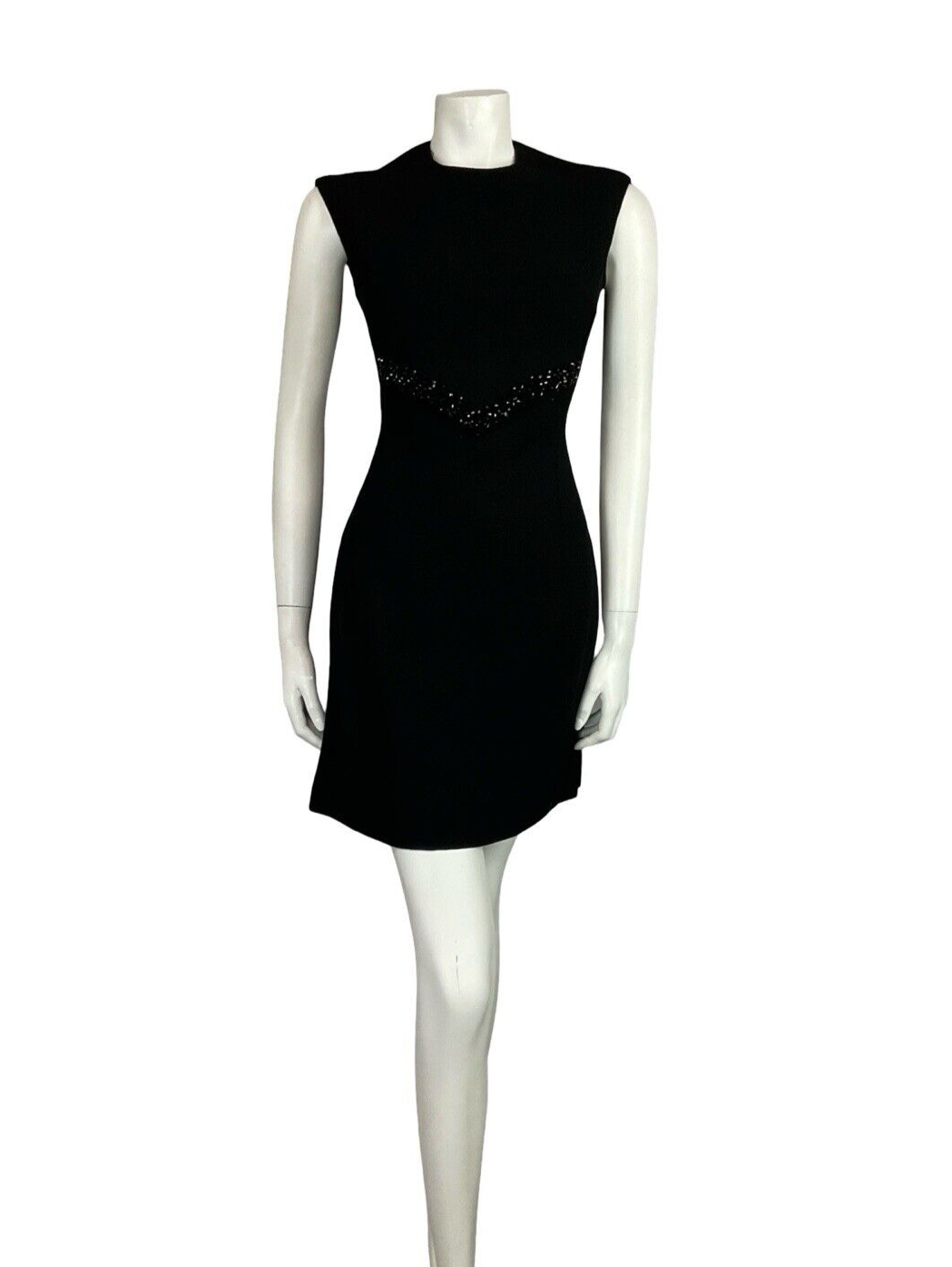 VTG 60S MOD BLACK WOOL BASQUE WAIST BEADED PANEL EVENING PARTY MINI DRESS S 8 10