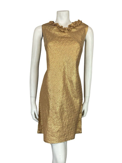 VTG 60S MOD GOLD ZIG ZAG RUFFLE NECK SLEEVELESS MINI SHIFT PARTY DRESS 10