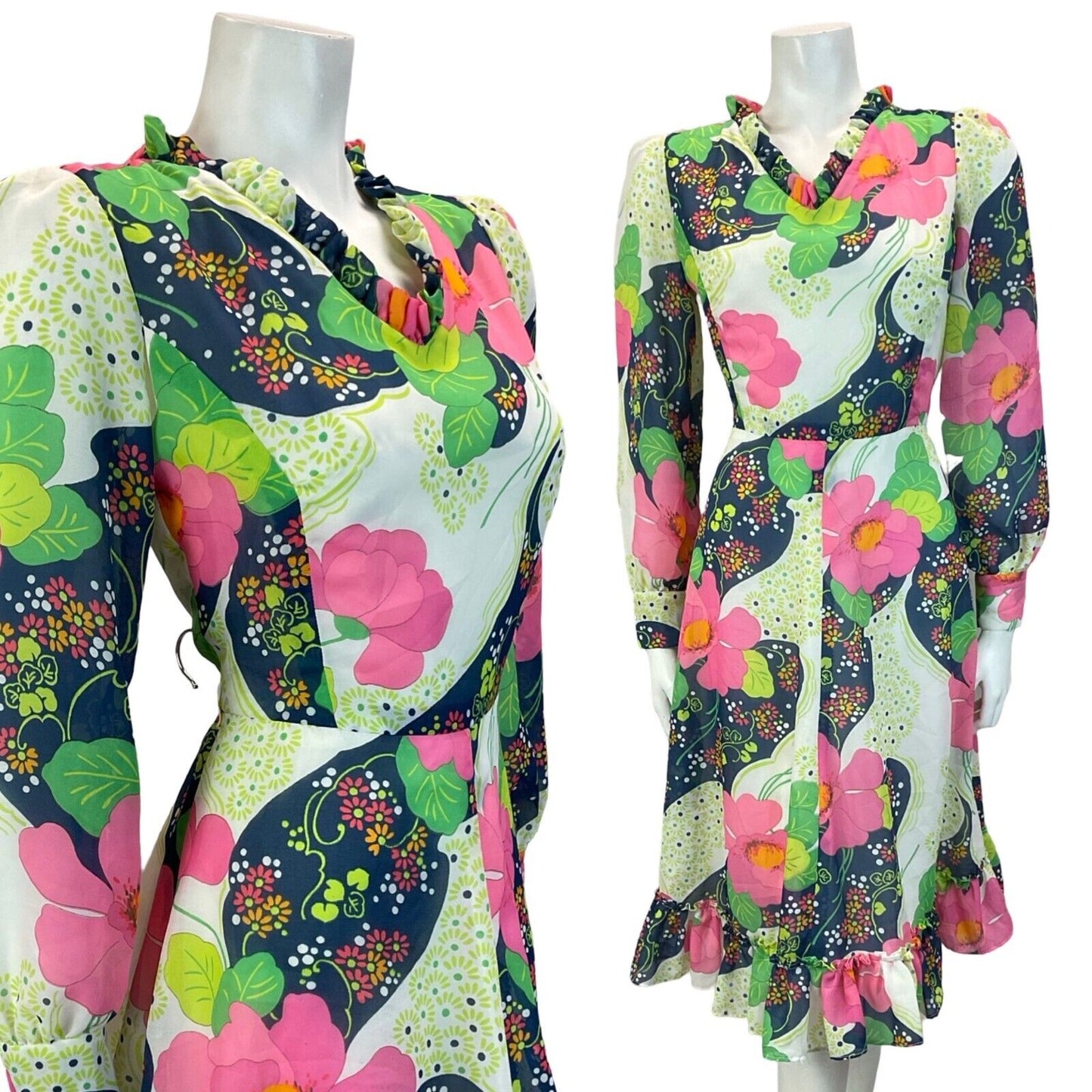 VTG 70S FLORAL PSYCHEDELIC RUFFLE DAISY MINI DRESS PINK BLUE GREEN 10 12