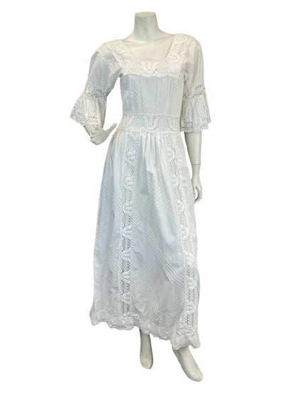 VTG 60s 70s WHITE COTTON BRODERIE LACE PRAIRIE BOHO WEDDING MAXI DRESS 6 8