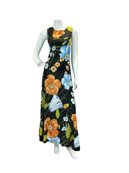 VTG 70S GLAM FLORAL SHIFT MAXI DRESS BLACK ORANGE BLUE GREEN 6