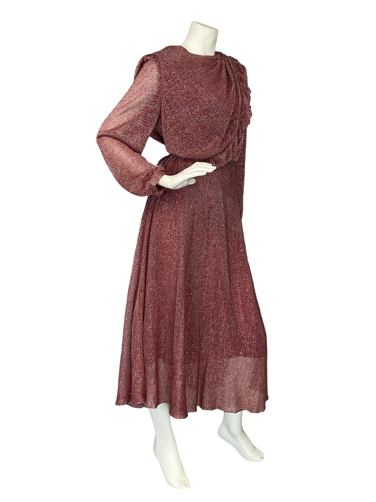 VTG 70S BURGUNDY LUREX LONG SLEEVE BLOUSON TIE WAIST PARTY DRESS 10 12