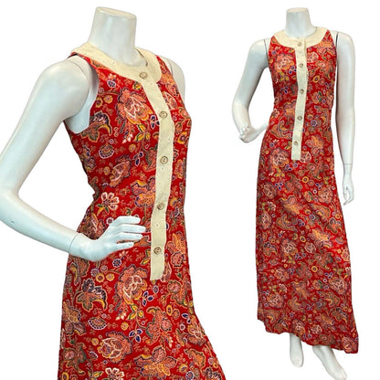 VTG 60s 70s LIBERTY HOUSE MADE IN HAWAII RED PAISLEY BOHO MAXI DRESS 6 8