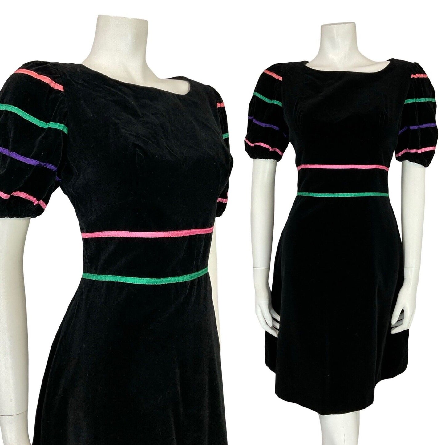 VTG 60S BLACK VELVET PUFF SEEVE PINK GREEN PURPLE RIBBON MINI PARTY DRESS 10