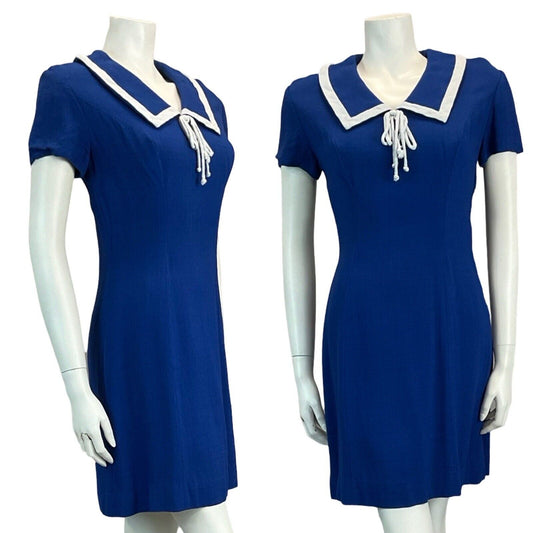 VTG 60S 70S ROYAL BLUE NAUTICAL LINEN FEEL MINI DRESS MOD GOGO SCOOTER 8 10