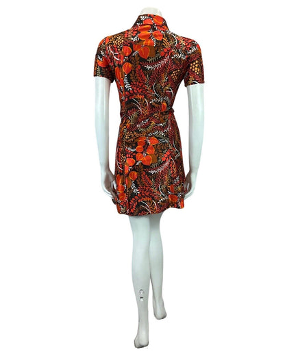 VINTAGE 60s 70s BLACK ORANGE RED FLORAL LEAF PRINT BOHO MOD MINI DRESS 12