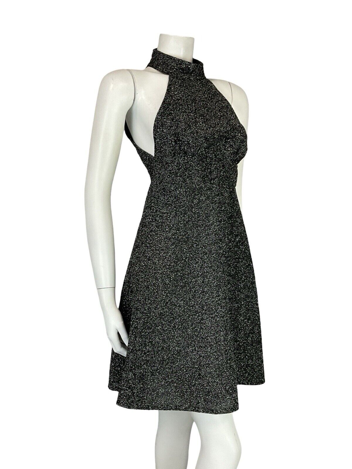 VTG 70S STUDIO 54 SILVER LUREX HALTER NECK FLARE DISCO PARTY MINI DRESS 8