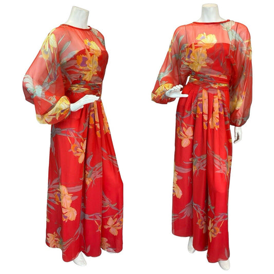 VTG 60S 70S RED ORANGE FLORAL PRINT BISHOP SLEEVE FLOATY MAXI DRESS 8 10