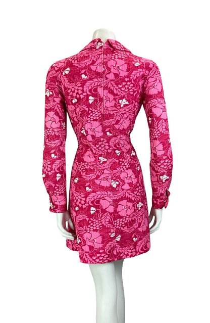 VTG 60S 70S PINK PSYCHEDELIC FLORAL MOD  LAPEL LONG SLEEVE MINI DRESS SIZE 10