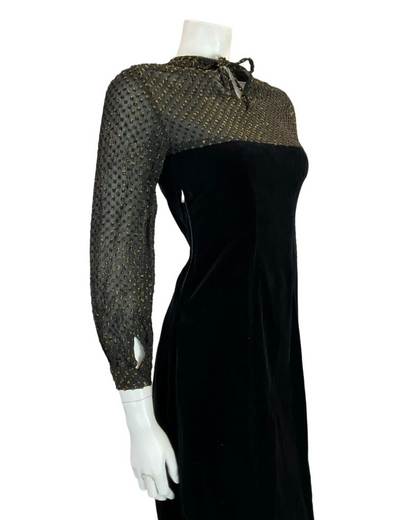 VTG 60S 70S BLACK VELVET MESH GOLD POLKA DOT EVENING PARTY KEYHOLE MINI DRESS 8