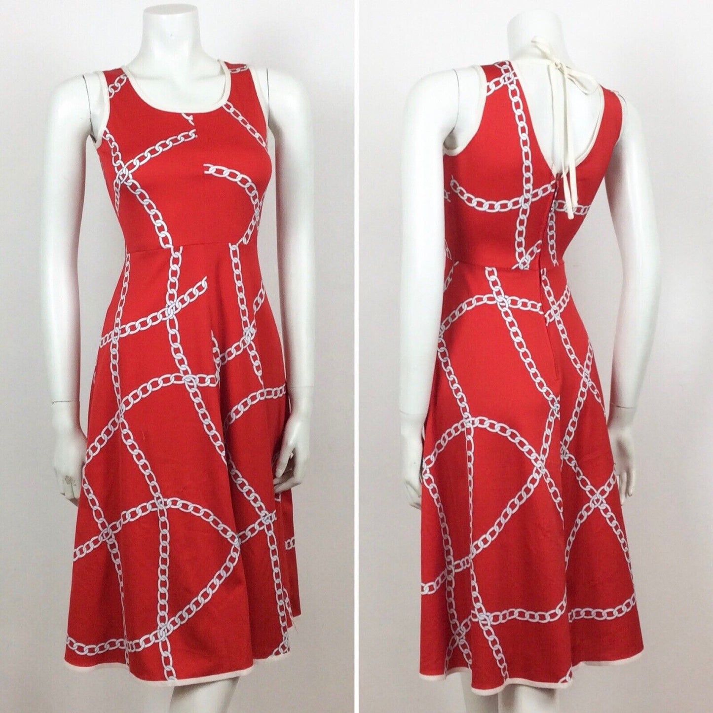 60S 70s VINTAGE RED WHITE CHAIN PATTERN FLOATY DRESS 4 6