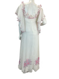 VTG 70s WHITE PINK FLORAL DETAIL ANGEL SLEEVE RUFFLE NECKLINE MAXI DRESS 10