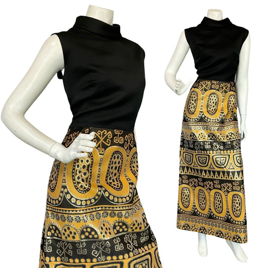 VTG 60S 70S AZTEC HIPPY BLACK GOLD YELLOW METALLIC SLEEVELESS MAXI DRESS 14