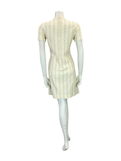 VTG 60S MOD WOOL KNITTED TEXTURE CREAM GOLD SHORT SLEEVE MINI DRESS 11