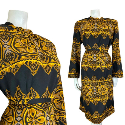 VTG 70S BLACK BROWN YELLOW BOHO LONG SLEEVE ROUNDED NECK GEOMETRIC DRESS SIZE 16