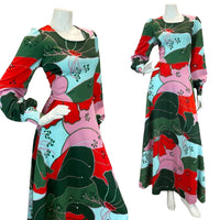 VTG 70S GLAM ABSTRACT FLORAL PARTY MAXI DRESS GREEN BLUE PINK RED 12 14 16