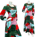 VTG 70S GLAM ABSTRACT FLORAL PARTY MAXI DRESS GREEN BLUE PINK RED 12 14 16