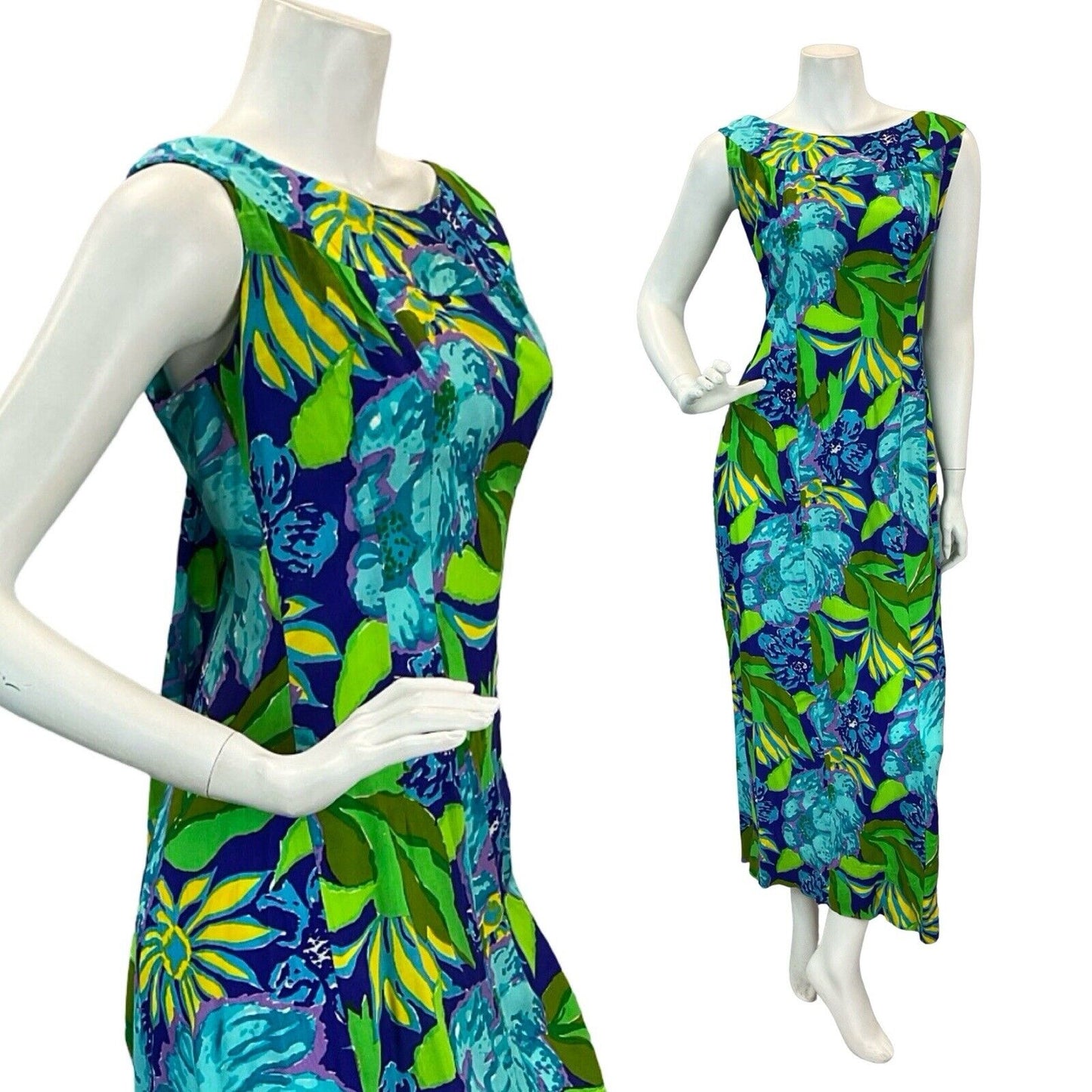 VTG 60s 70S  BLUE GREEN HAWAIIAN TROPICAL LEAF PRINT  SCOOP BACK MAXI DRESS 10