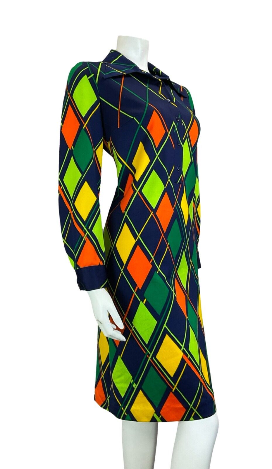 VTG 70S NAVY GREEN ORANGE YELLOW HARLEQUIN LONG SLEEVE SHIRT WING COLLAR DRESS M