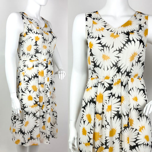 VTG 70s 80s WHITE BLACK YELLOW FLORAL DAISY SLEEVELESS SUMMER DRESS 16