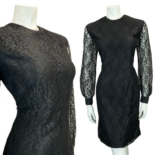 VTG 60S BLACK LACE LONG SLEEVE EVENING PARTY LITTLE BLACK DRESS SIZE 12