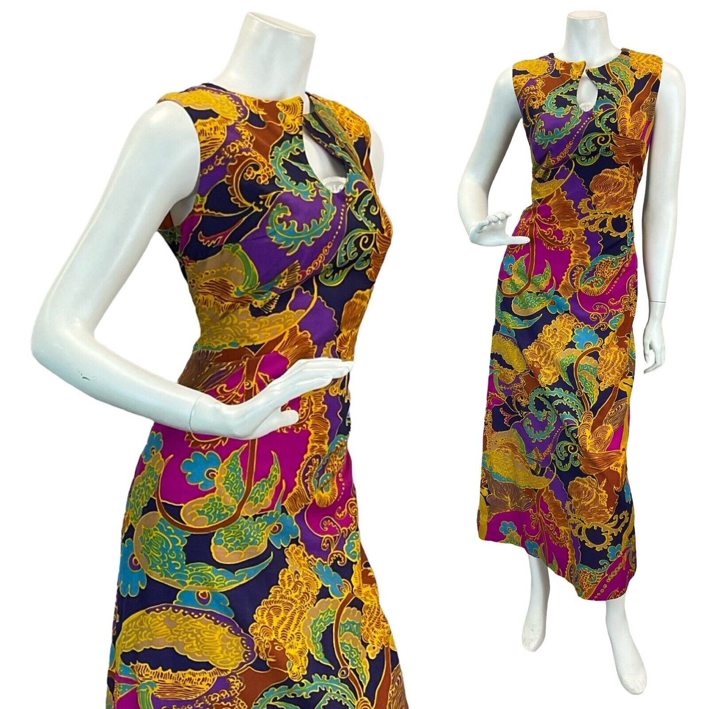 VTG PSYCHEDELIC ROMAN ABSTRACT BRIGHT KEYHOLE MAXI DRESS 10 12